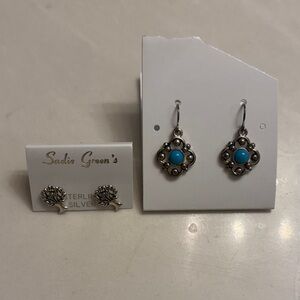 Fashion Jewelry Silver tone  Earrings with Turquoise Accents. Drop and stud.